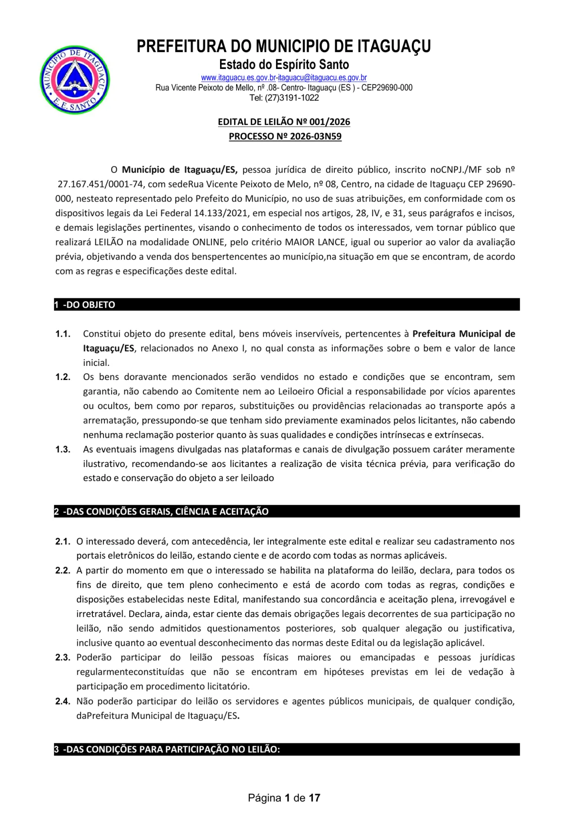 Capa do edital oficial do leilão de bens da Prefeitura de Itaguaçu
